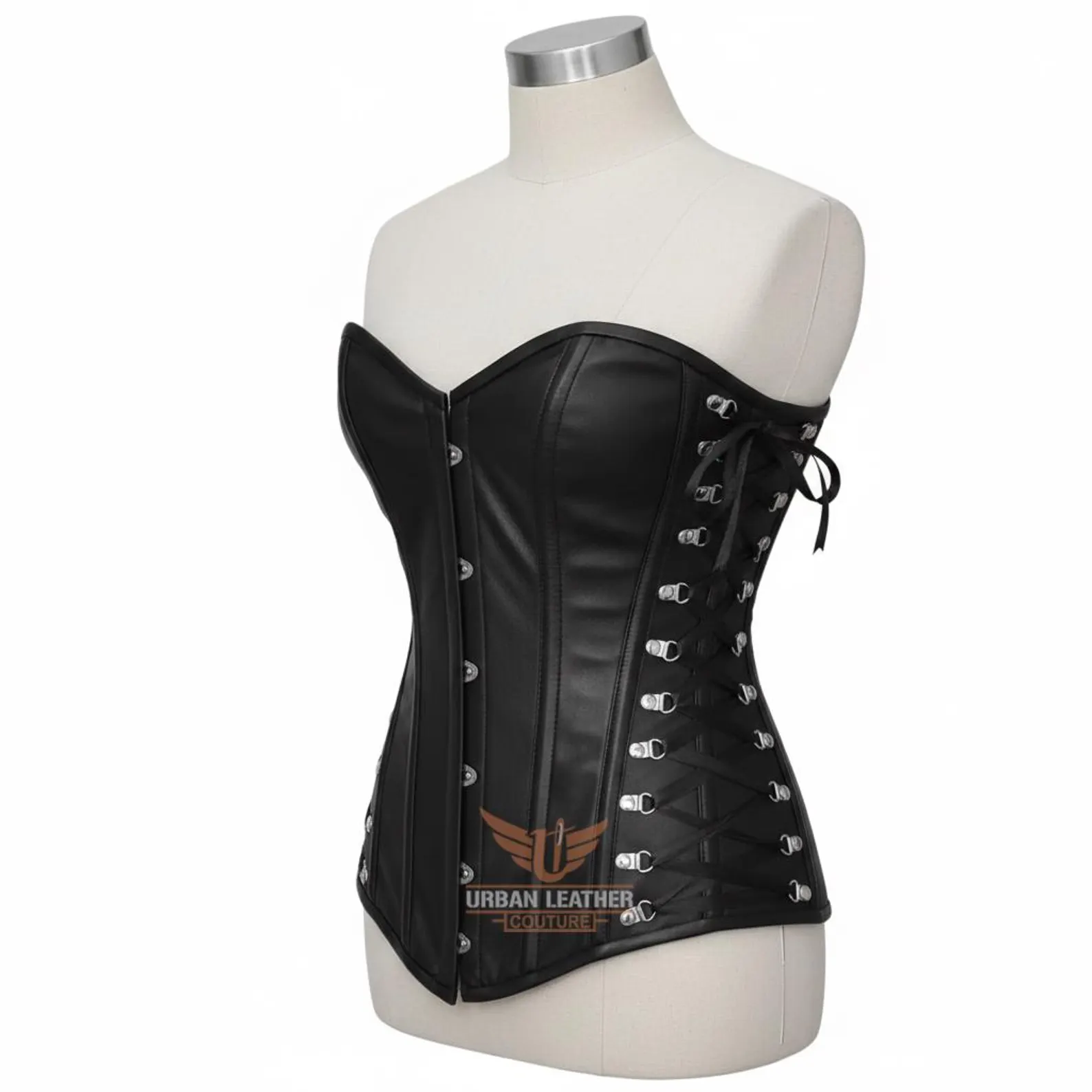 Women's Genuine Leather Overbust Corset Handmade Black Heavy-Duty Steel Boned Gothic Waist Trainer - Image 2
