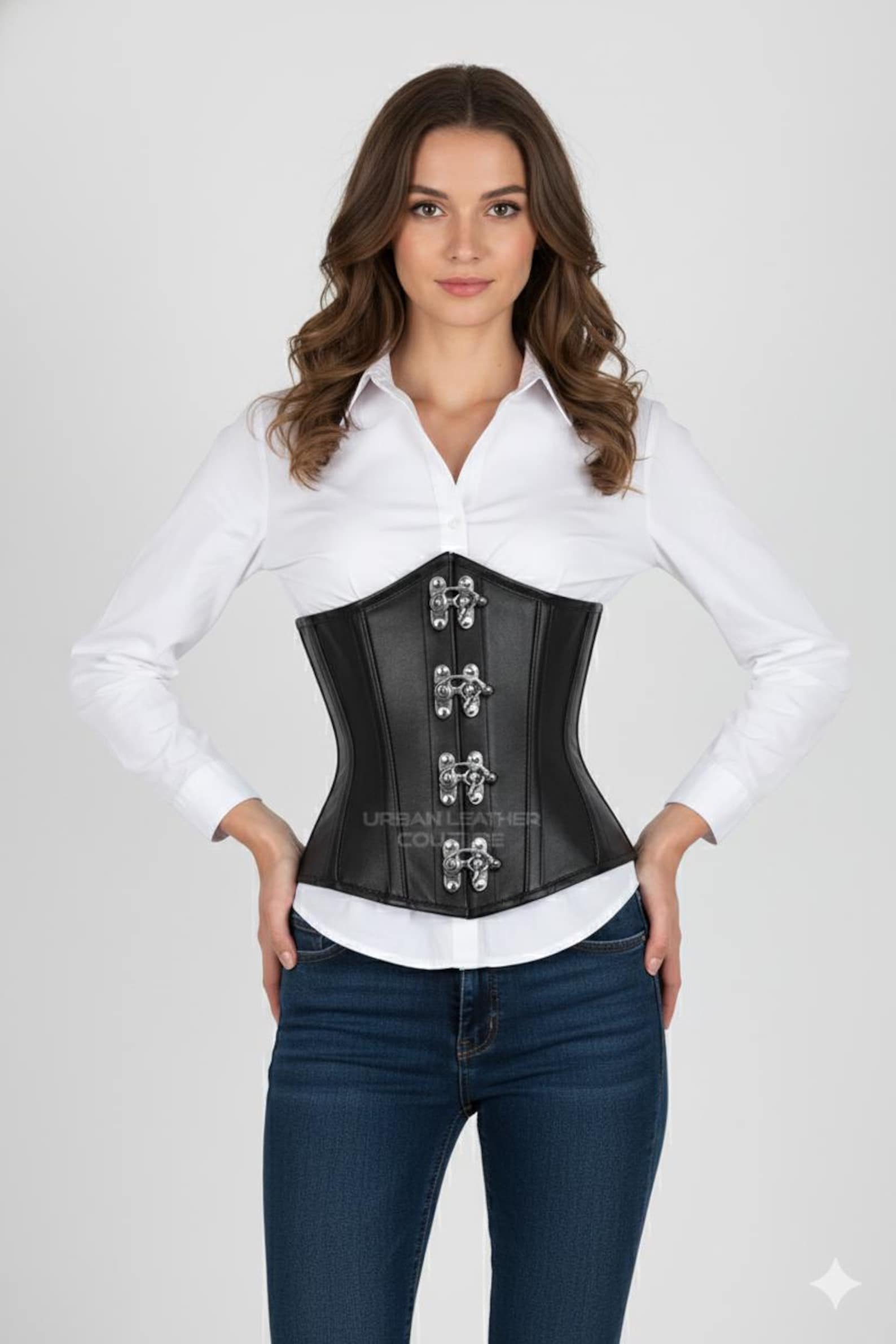 BLACK Leather Underbust Corset -- Steel Boned, Front Claps, Gothic Steampunk